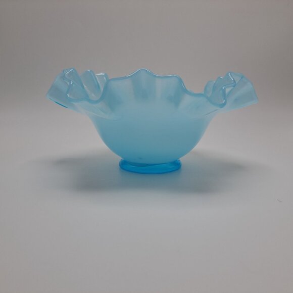 Fenton Blue Glass Bowl With Ruffled Crimped Edge - Picture 4 of 13
